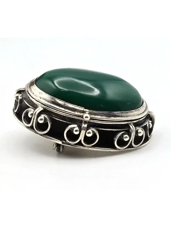 Vintage Taxco Sterling Silver Green Onyx Locket Brooch Mexico Eagle Mark 1 - Picture 4 of 13